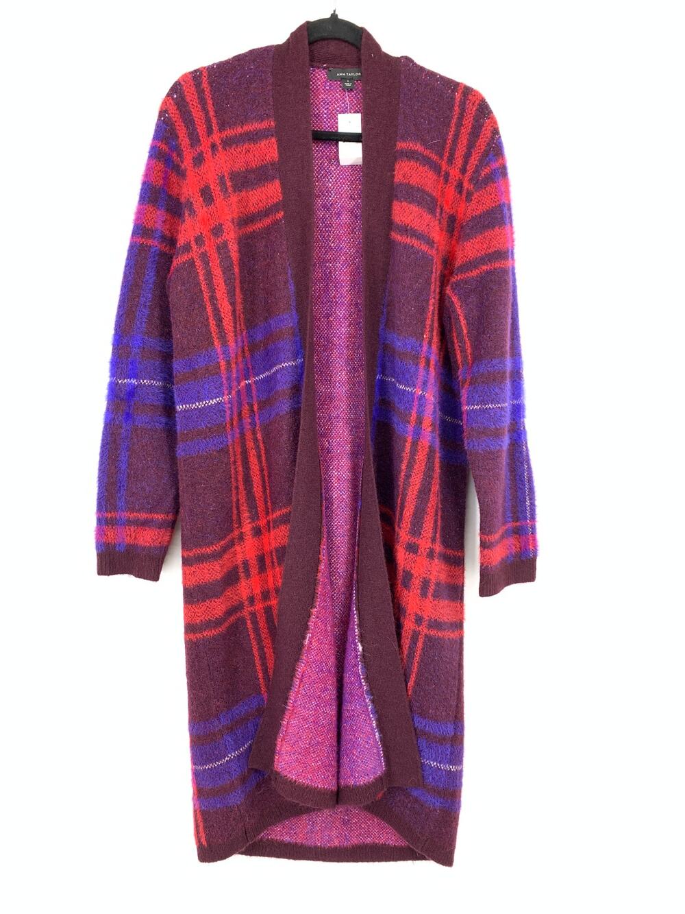 Ann Taylor Duster Cardigan Sweater Womens Size Small Purple Red Blue Plaid NEW